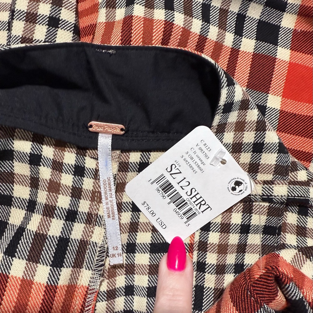 NWT Free People Jules Orange Black Cream Plaid Flare Pants Sz 12 Short - Picture 14 of 15
